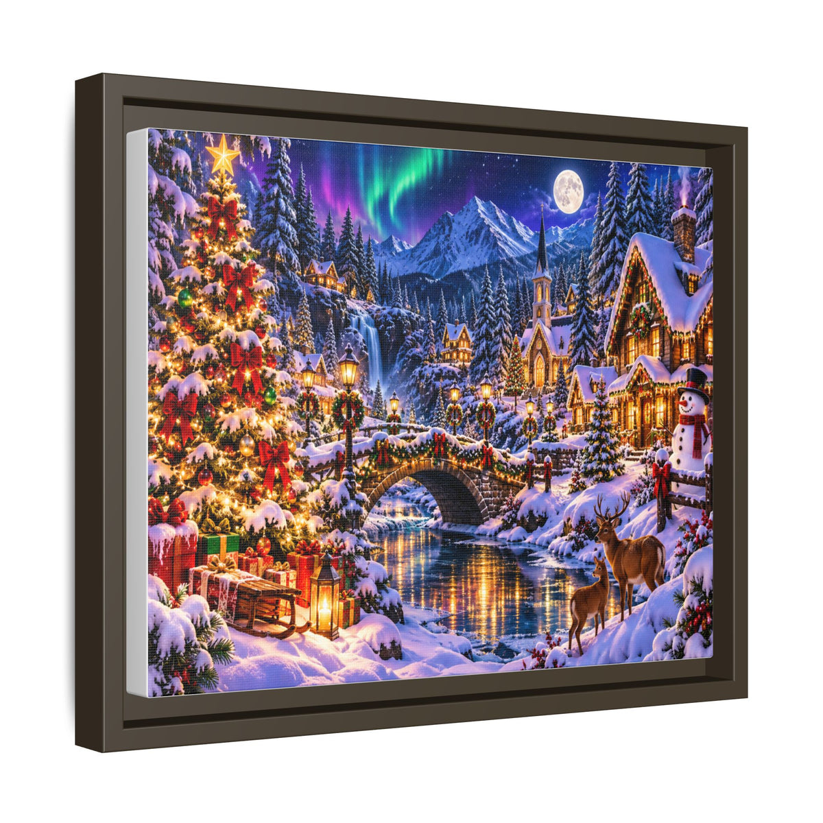Framed Matte Canvas - Cozy Christmas Village Winter Night Wall Art