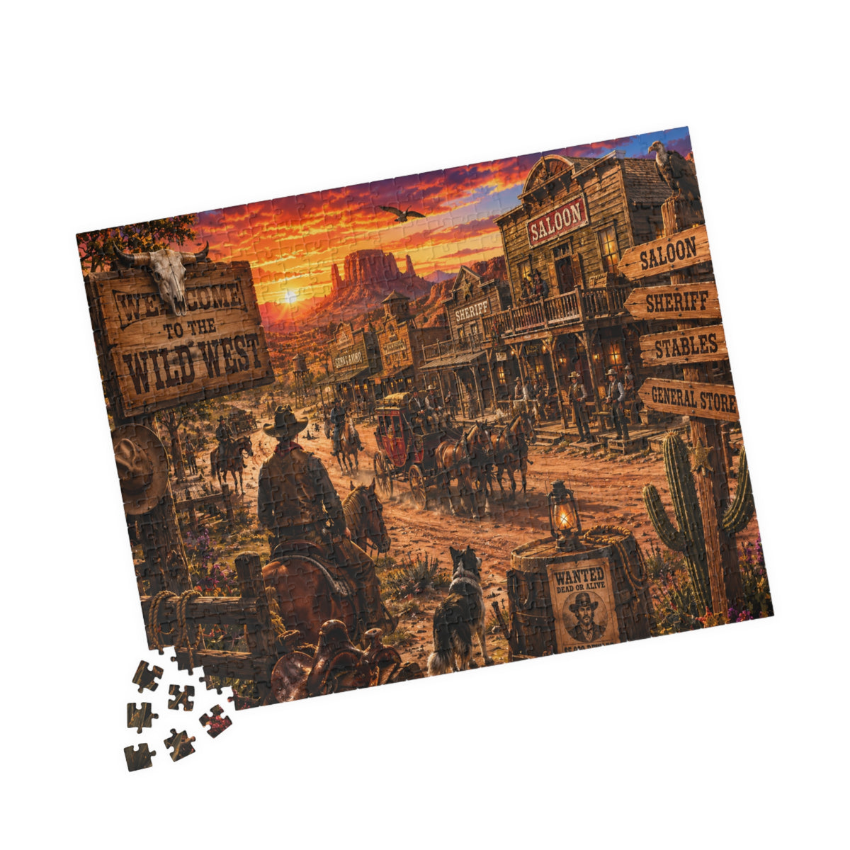 Wild West Saloon Jigsaw Puzzle — Vintage Cowboy Town Sunset (110/252/520/1014 pcs)