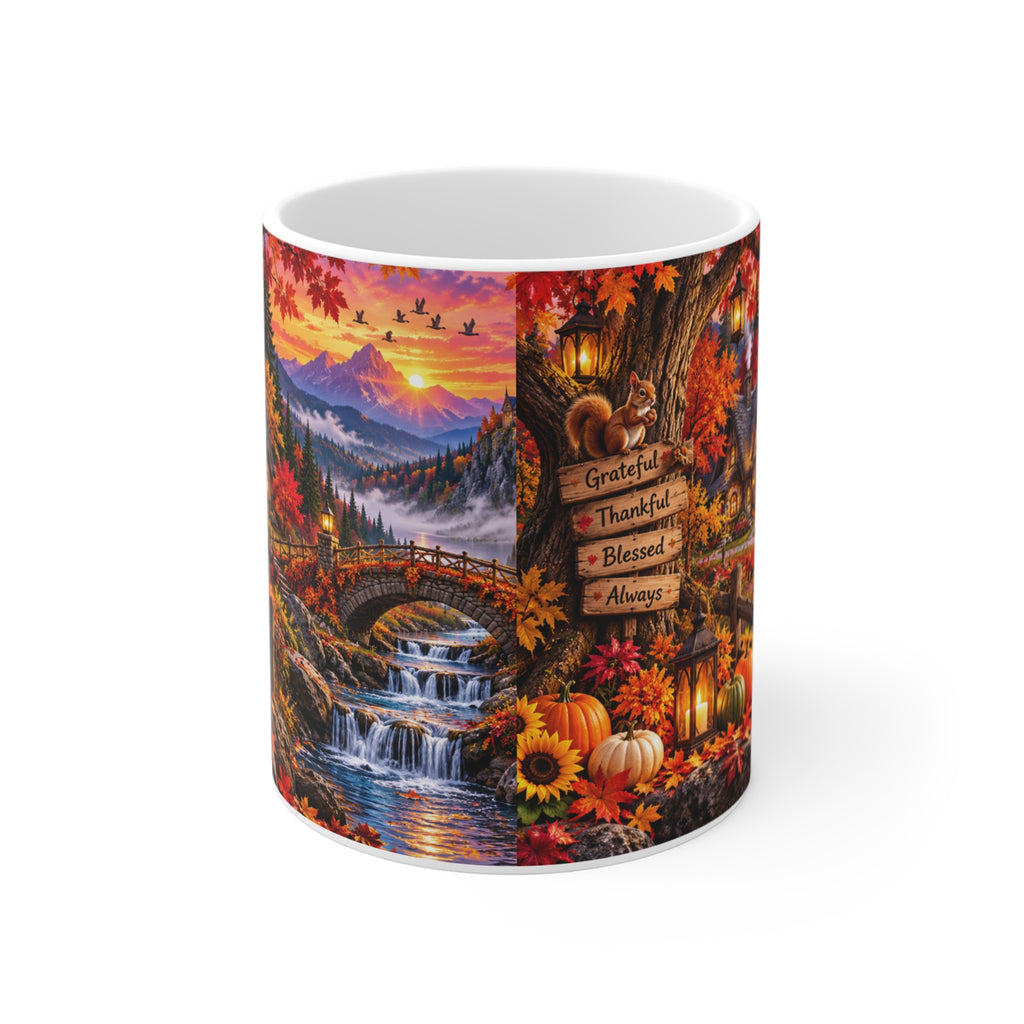 Autumn Cottage 11oz Mug — Grateful Thankful Blessed Fall Scenic Coffee Cup