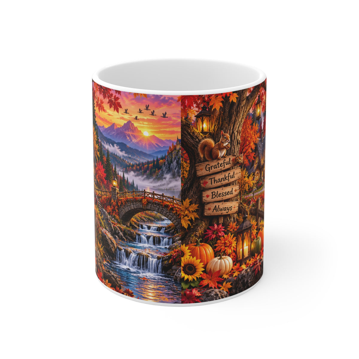 Autumn Cottage 11oz Mug — Grateful Thankful Blessed Fall Scenic Coffee Cup