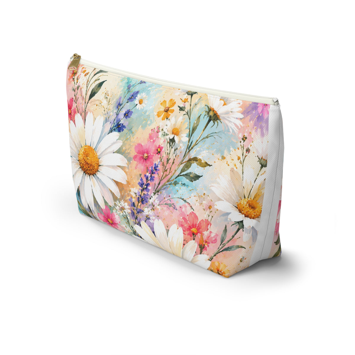 Daisy Meadow Accessory Pouch — Floral Cosmetic T‑Bottom Bag
