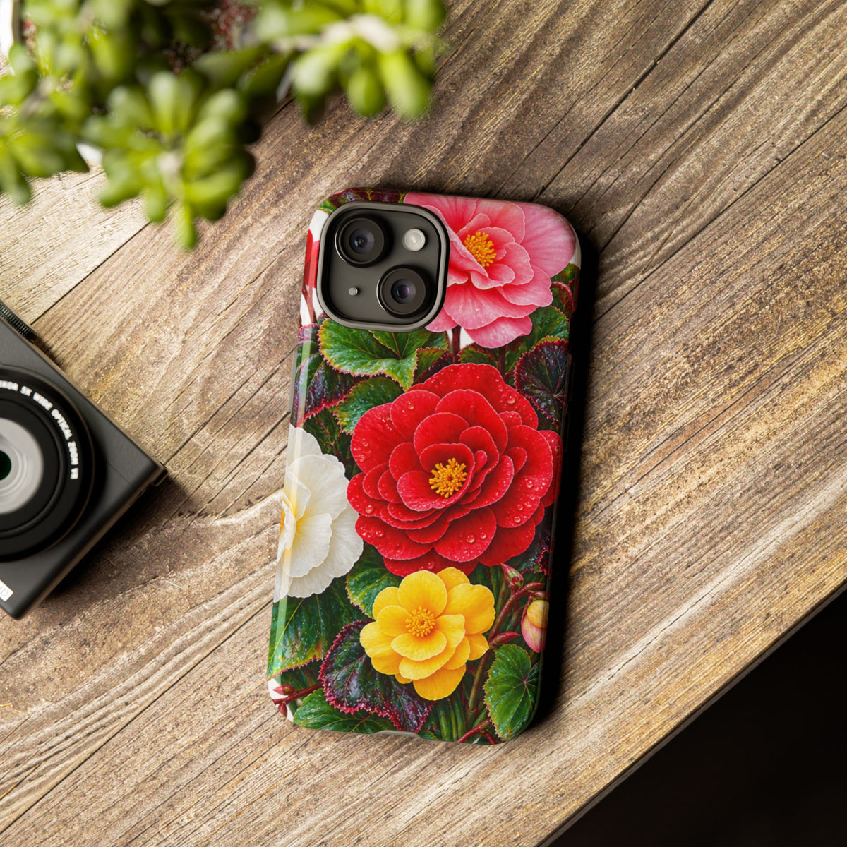 Floral Begonia Phone Case — Vibrant Red, Pink & Yellow Blossom Protective Cover