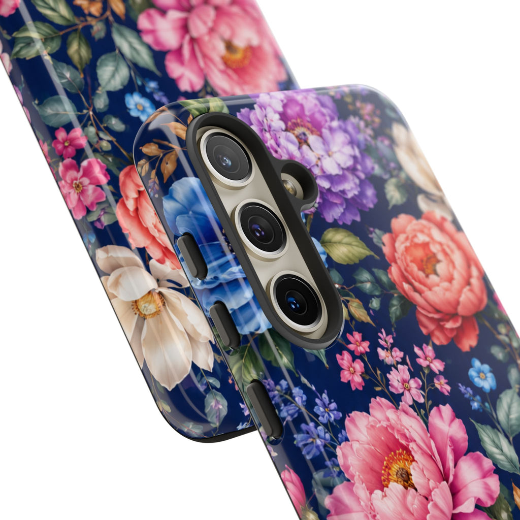 Floral Tough Phone Case – Vibrant Garden Flowers on Navy