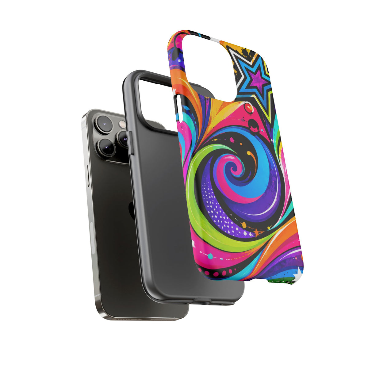 Psychedelic Swirl Phone Case — Bold Retro Stars & Neon Pop Art Tough Case