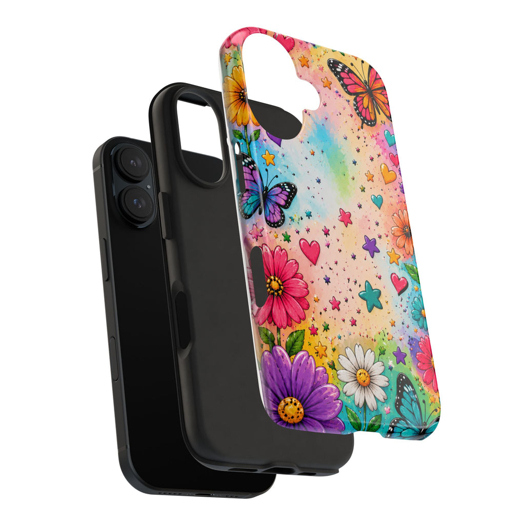 Colorful Butterflies and Flowers Tough Phone Case | Rainbow Hearts Stars