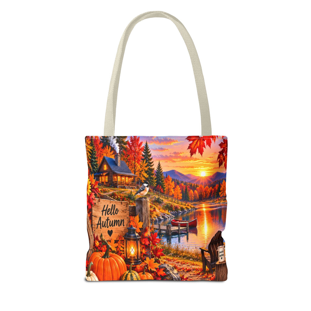Autumn Lakeside Tote Bag — "Hello Autumn" Fall Cabin Sunset Design