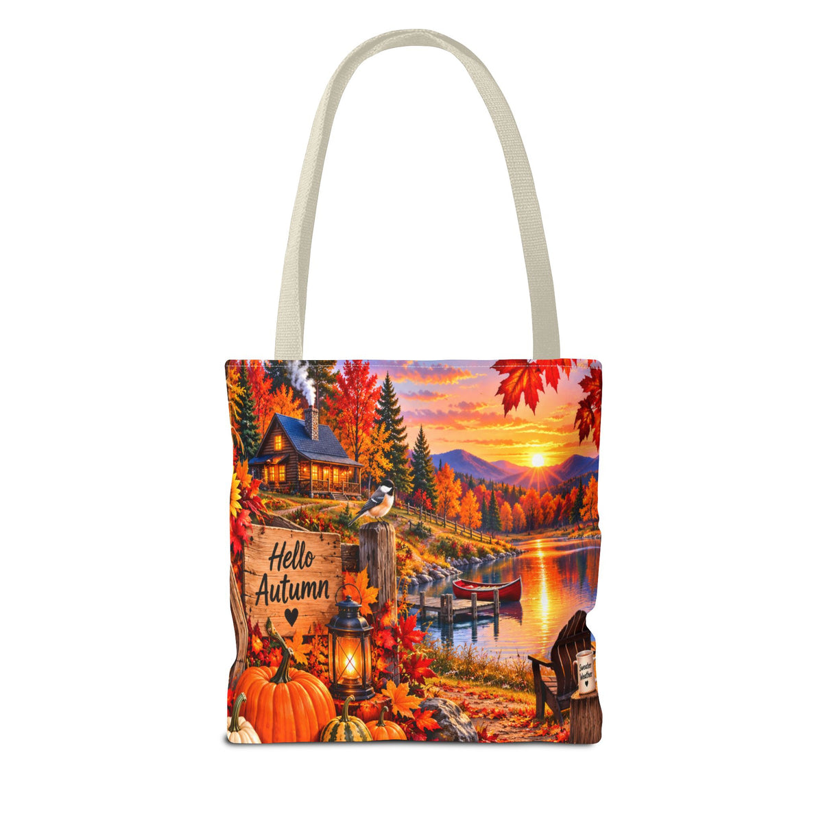 Autumn Lakeside Tote Bag — "Hello Autumn" Fall Cabin Sunset Design