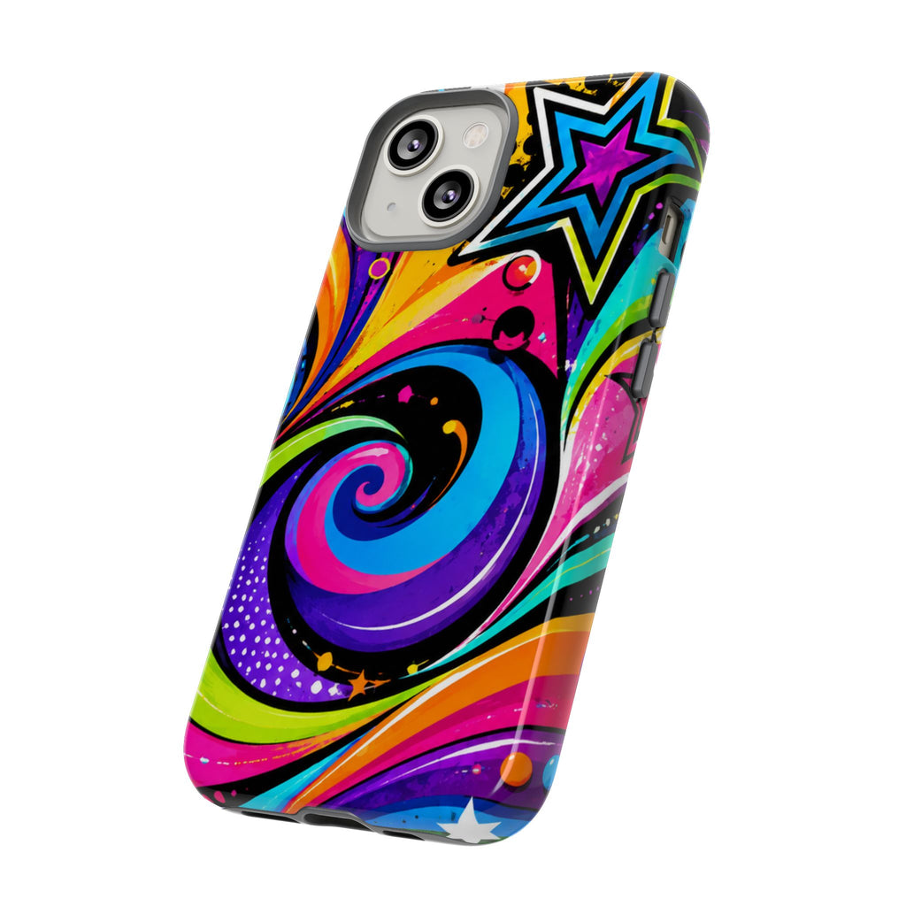 Psychedelic Swirl Phone Case — Bold Retro Stars & Neon Pop Art Tough Case