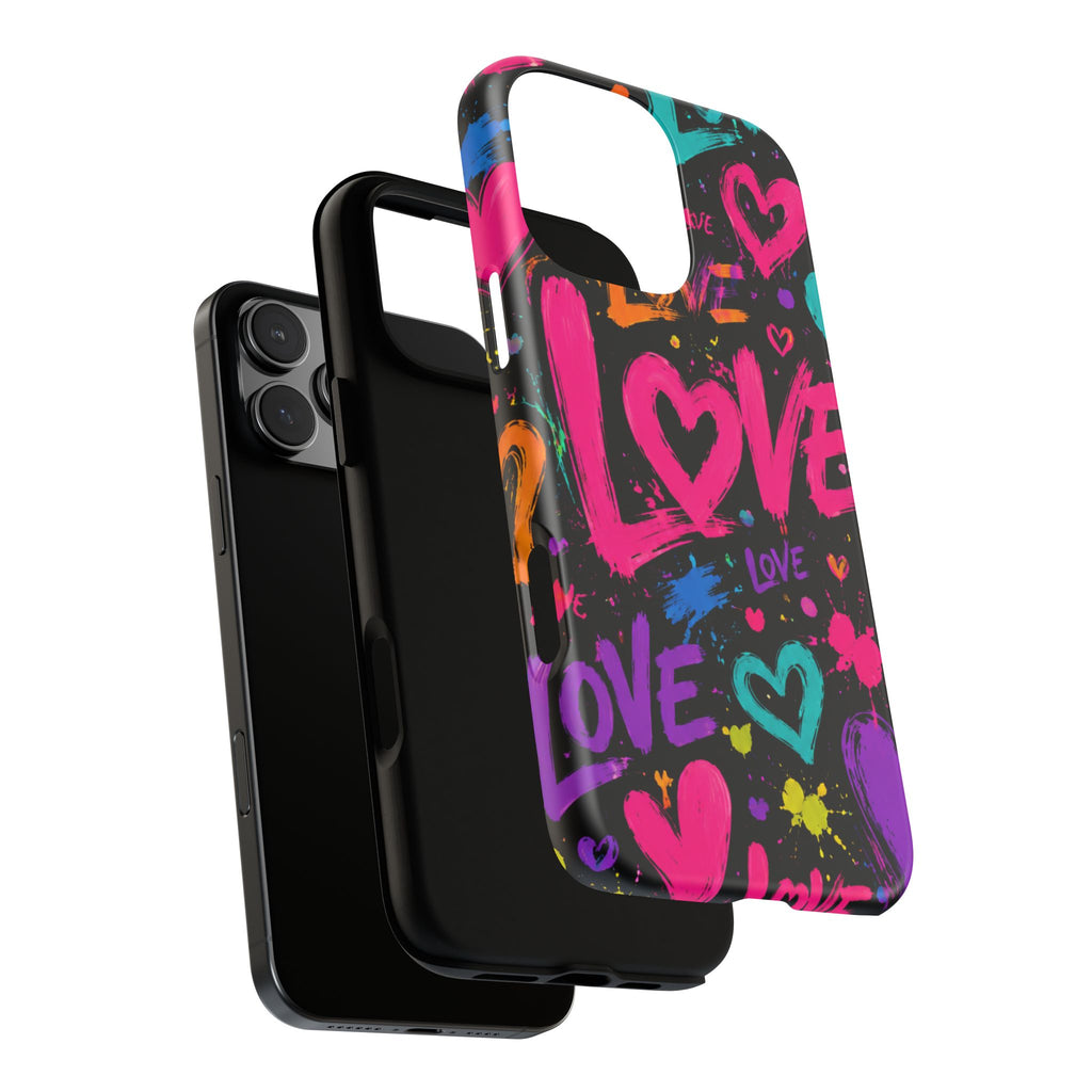 Phone Case — Neon Graffiti "Love" Hearts Protective Tough Case