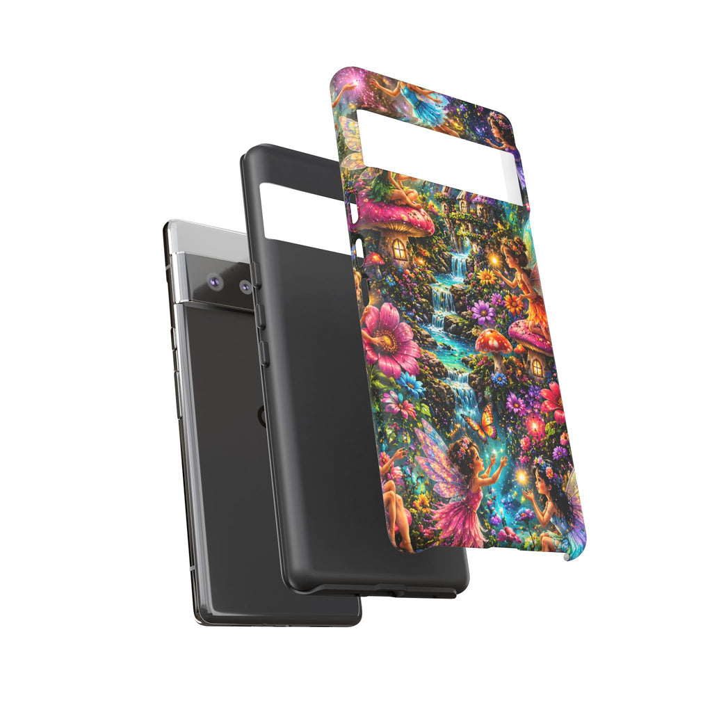 Fairy Garden Tough Phone Case — Whimsical Cottage, Waterfall & Mushroom Artwork