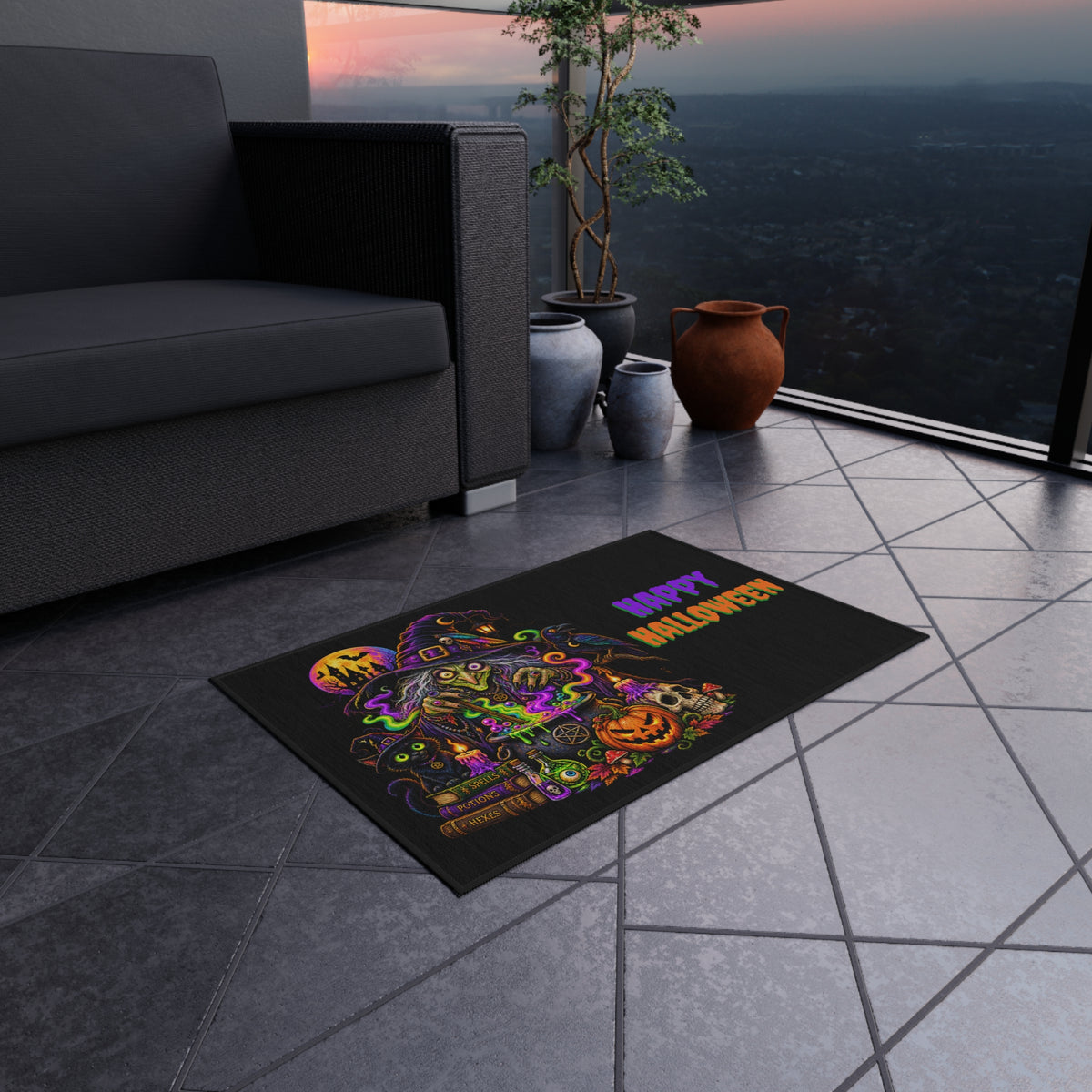 Halloween Witch Outdoor Rug — "Happy Halloween" Spooky Porch Mat