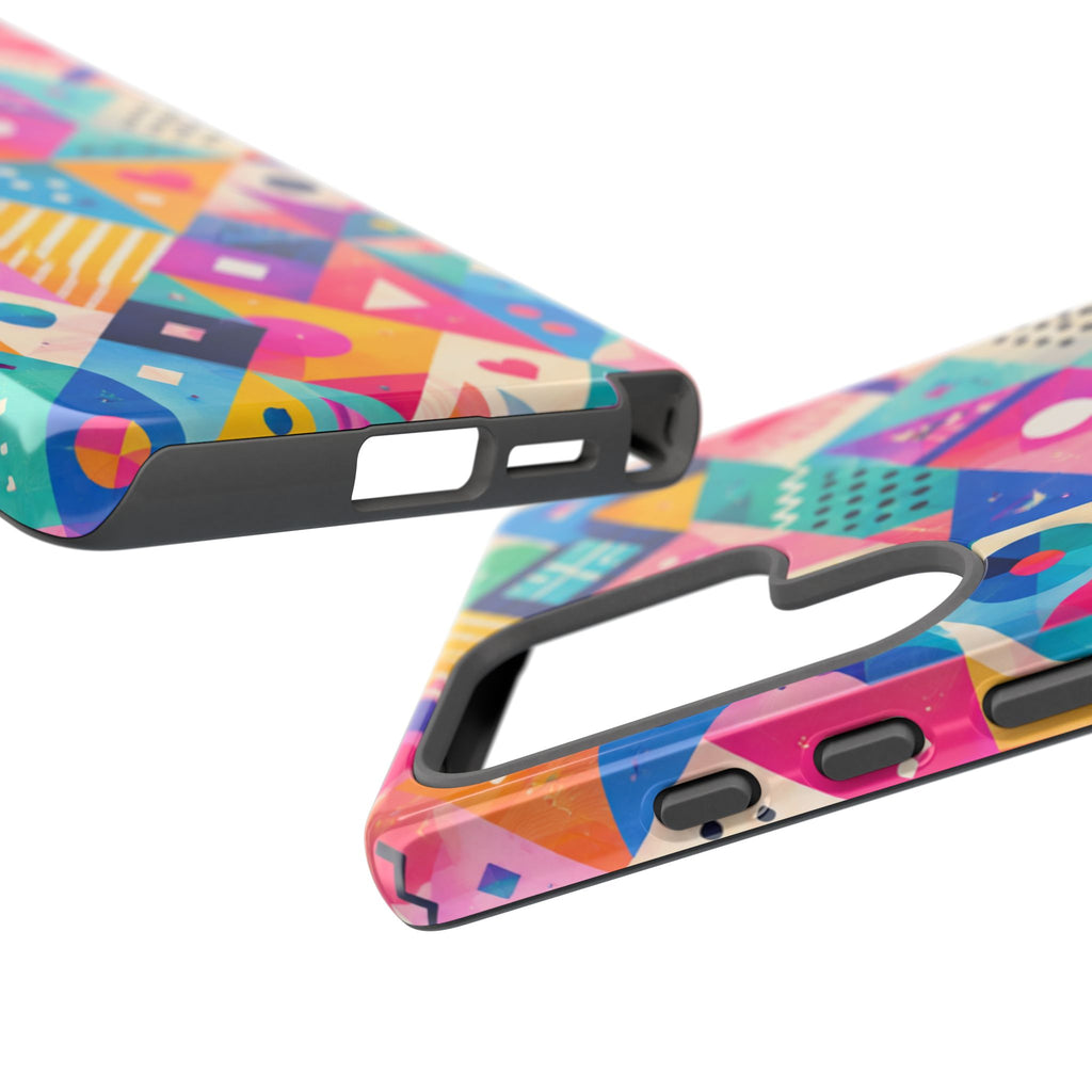 Colorful Geometric Tough Phone Case — Bright Abstract Heart & Triangle Pattern