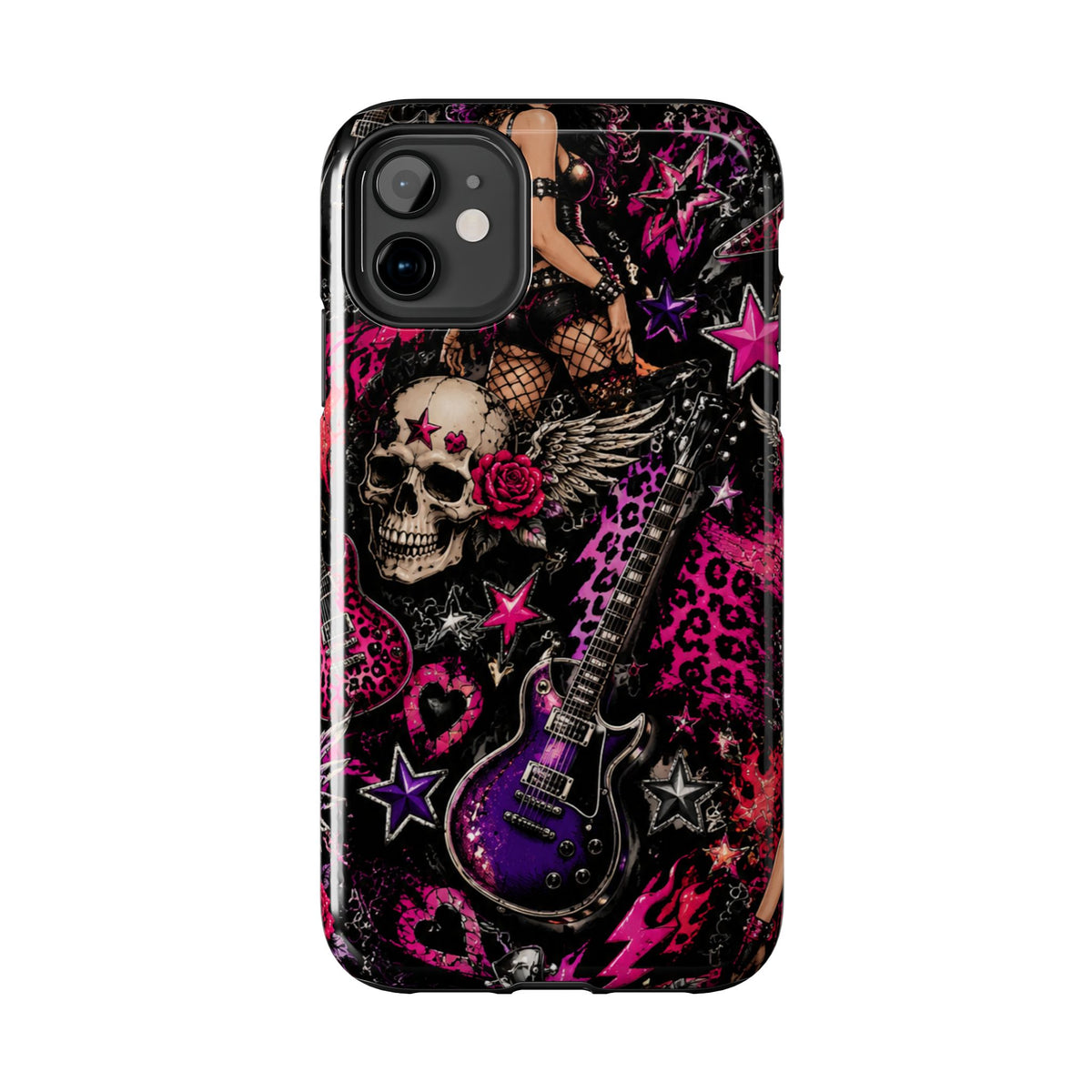 Rock Skull Guitar Phone Case — Edgy Pink Skull & Roses Tough Phone Case