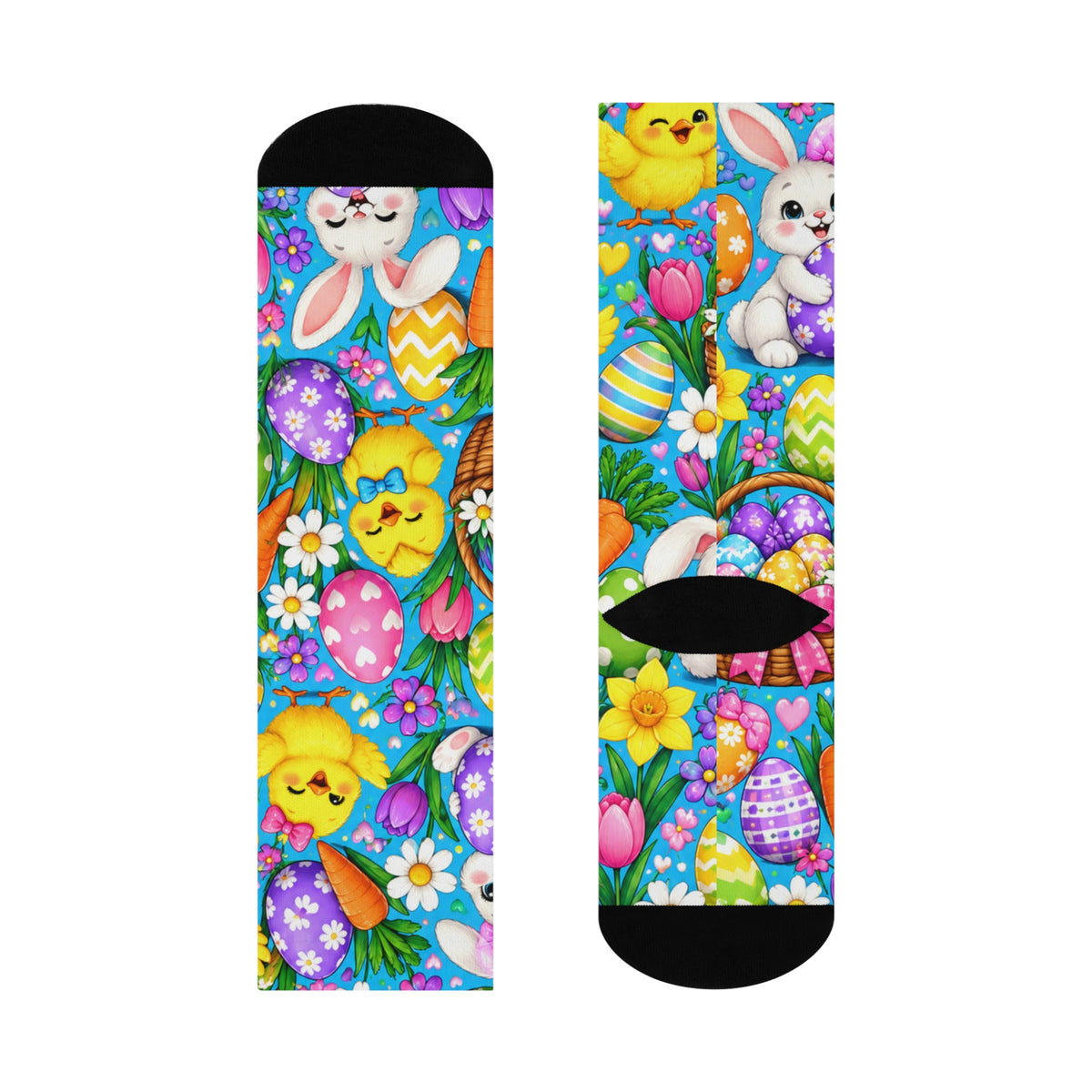 Easter Chick & Bunny Cushioned Crew Socks — Colorful Egg, Carrot & Spring Floral Design