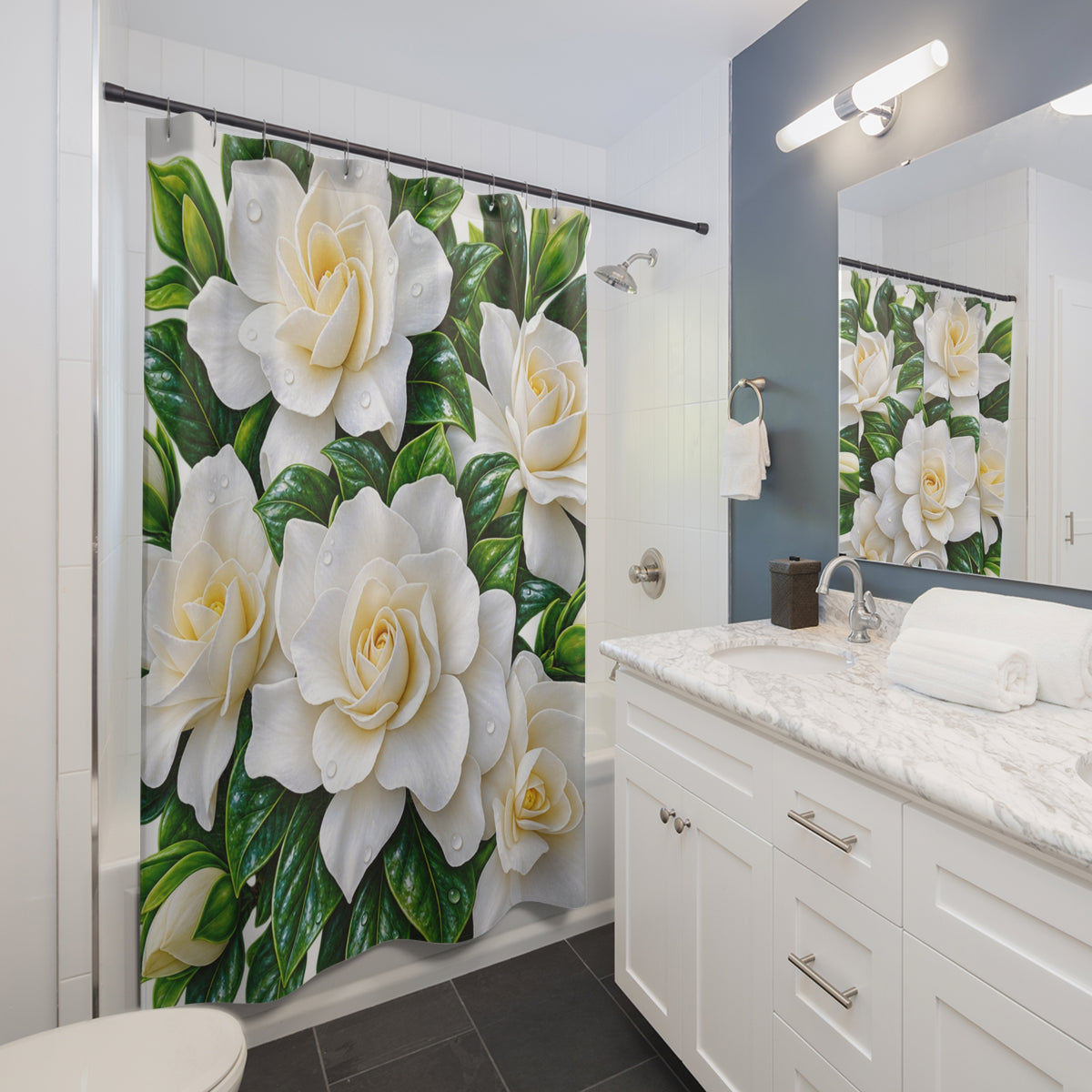 White Gardenia Floral Shower Curtain | Botanical Bathroom Decor
