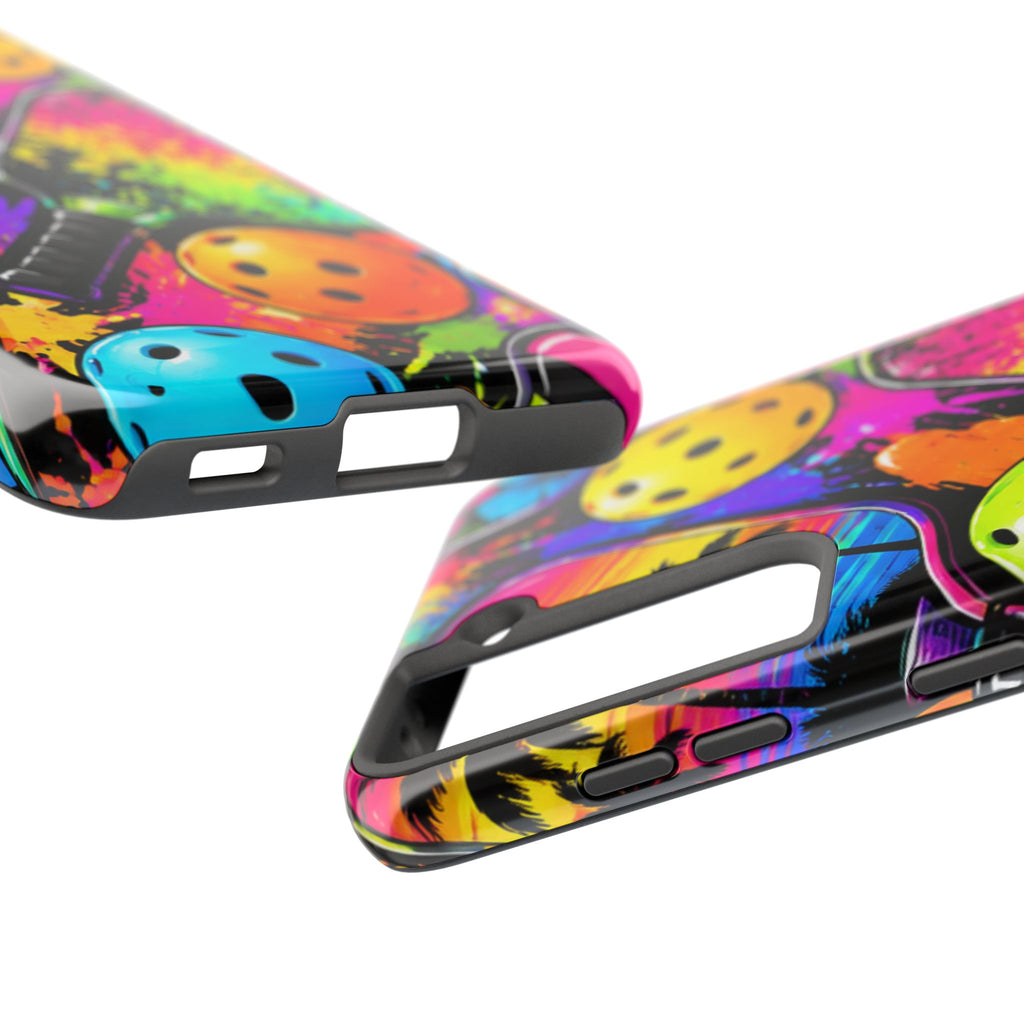 Pickleball Splash Tough Phone Case — Neon Paddle & Ball Protective Cover