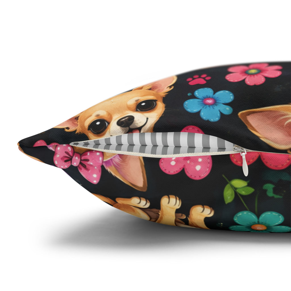 Chihuahua Pattern Pillowcase | Square Throw Pillowcase with Cute Dogs and Paw Prints
