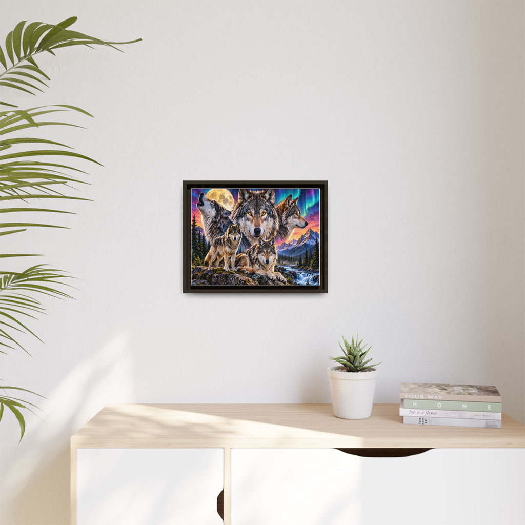 Framed Wolf Pack Matte Canvas Wall Art — Northern Lights Wilderness Scene