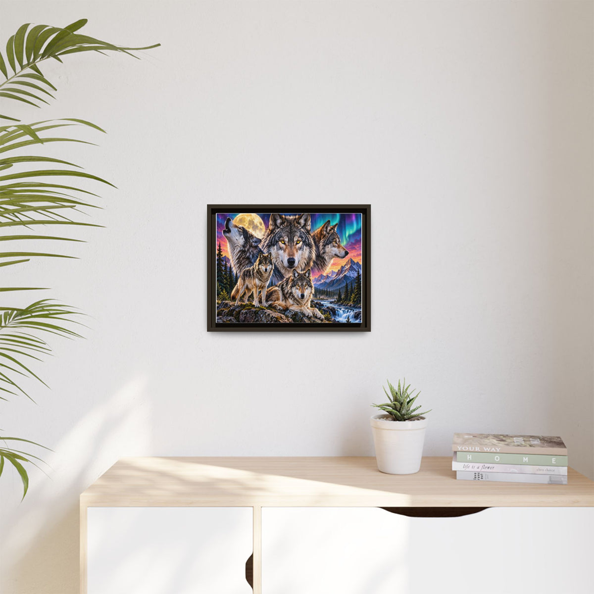 Framed Wolf Pack Matte Canvas Wall Art — Northern Lights Wilderness Scene