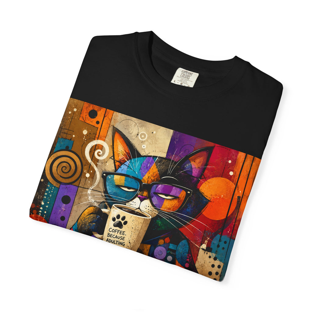 Cat Coffee Art T-Shirt — Colorful Abstract Cat Holding 'Coffee Is Always a Good Idea' Mug