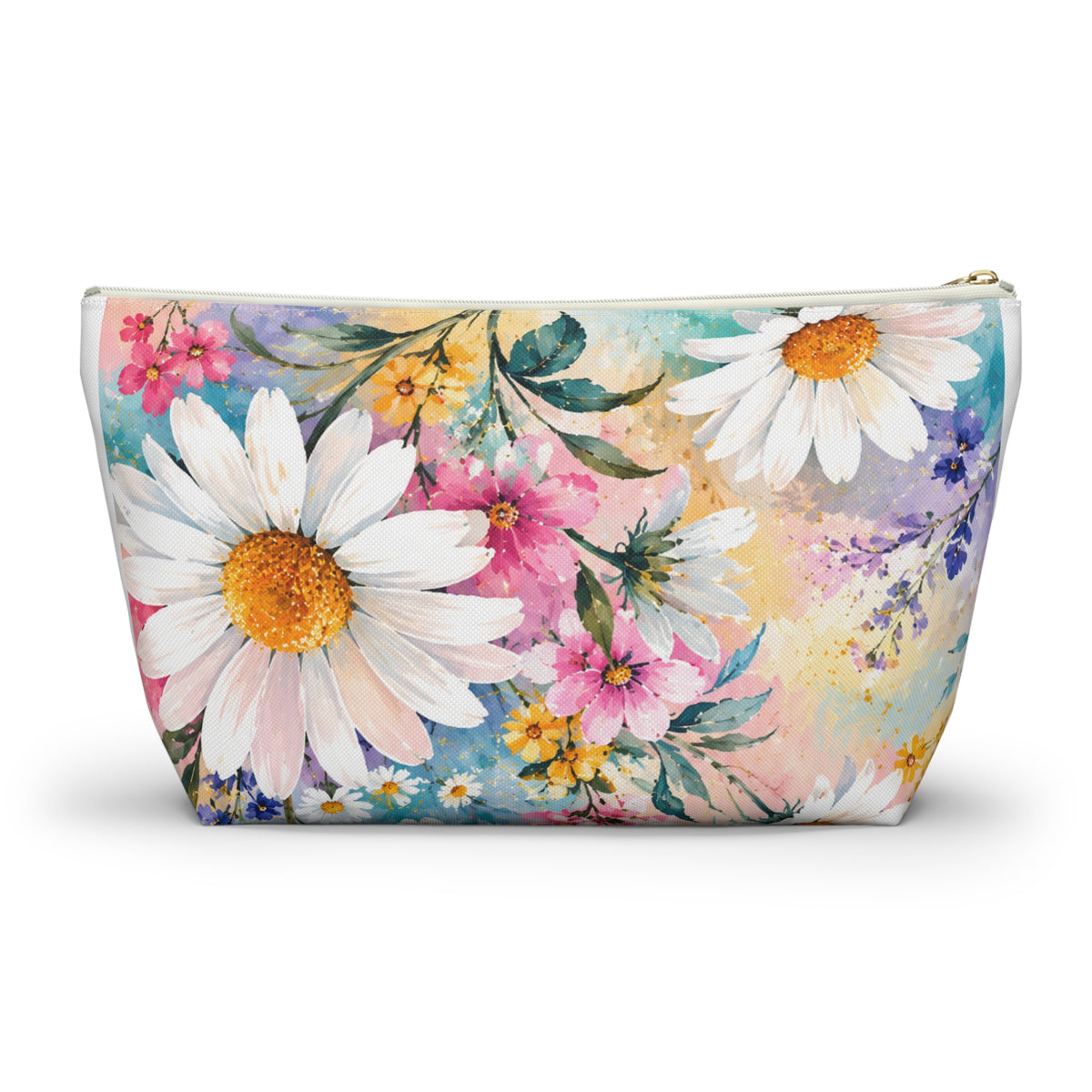 Daisy Meadow Accessory Pouch — Floral Cosmetic T‑Bottom Bag