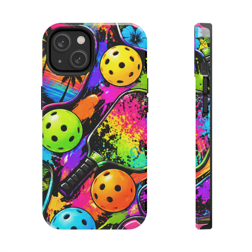 Pickleball Splash Tough Phone Case — Neon Paddle & Ball Protective Cover