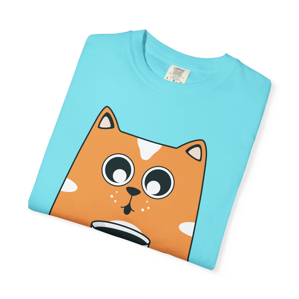Coffee Cat T-Shirt — Cute Cat Holding Coffee Mug, “My morning doesn’t start until the coffee clocks in” Tee