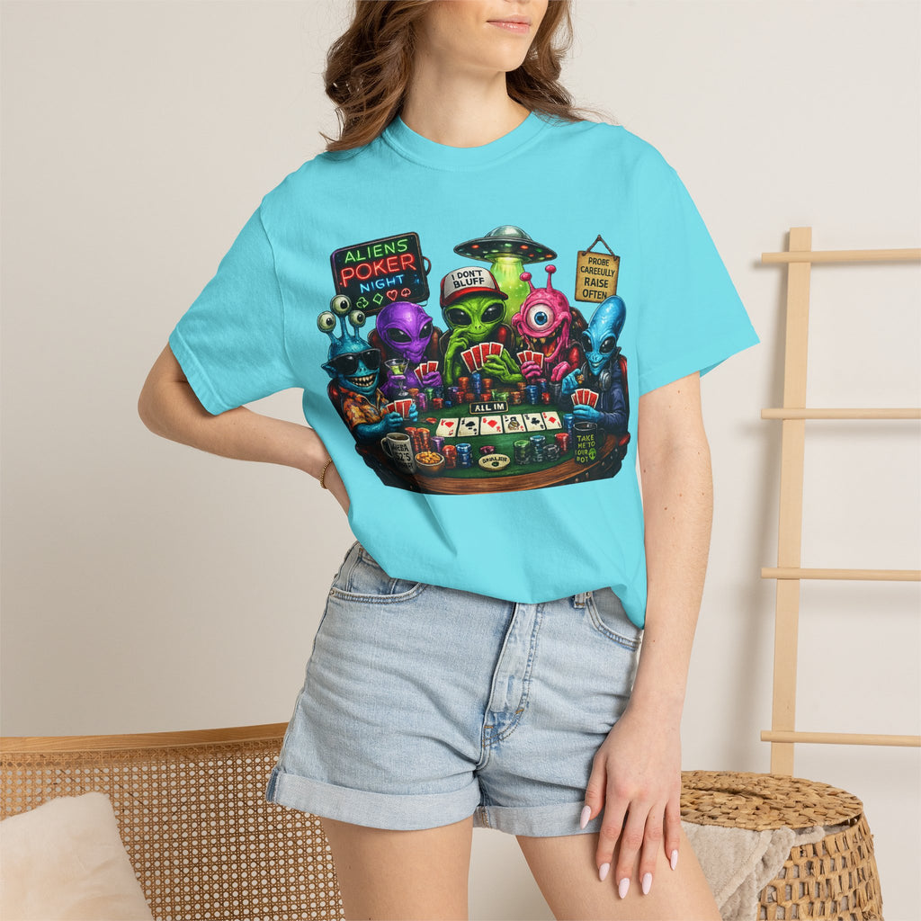 Aliens Poker Night T-shirt | Funny UFO Casino Card Game Design