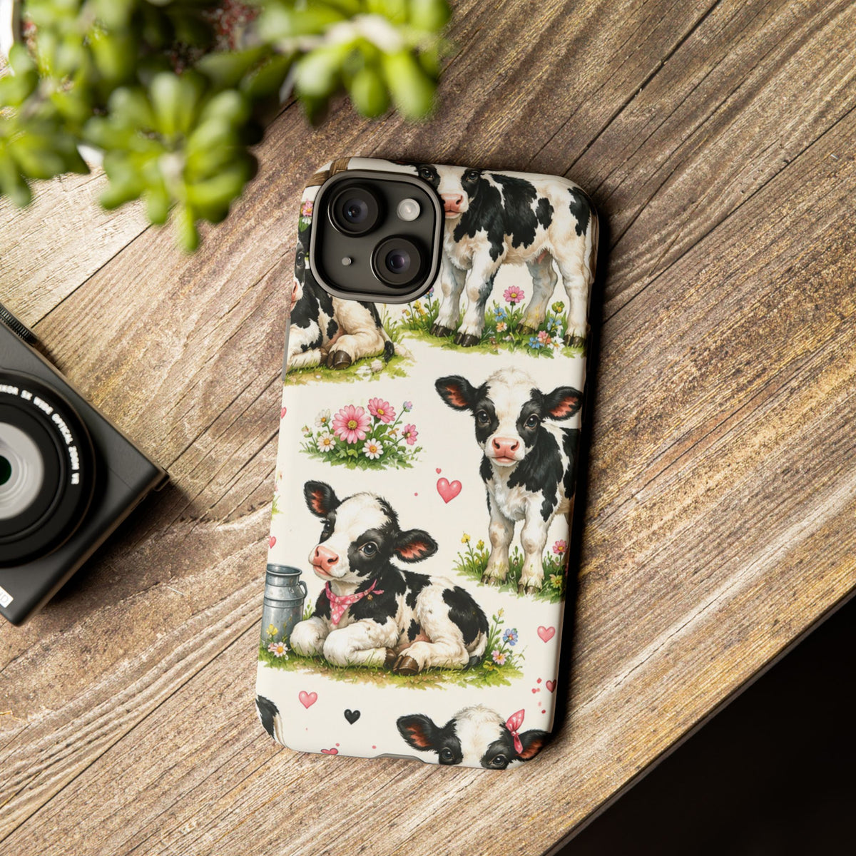 Cute Calf Pattern Phone Case – Pastel Cow Hearts & Flowers Protective Cover