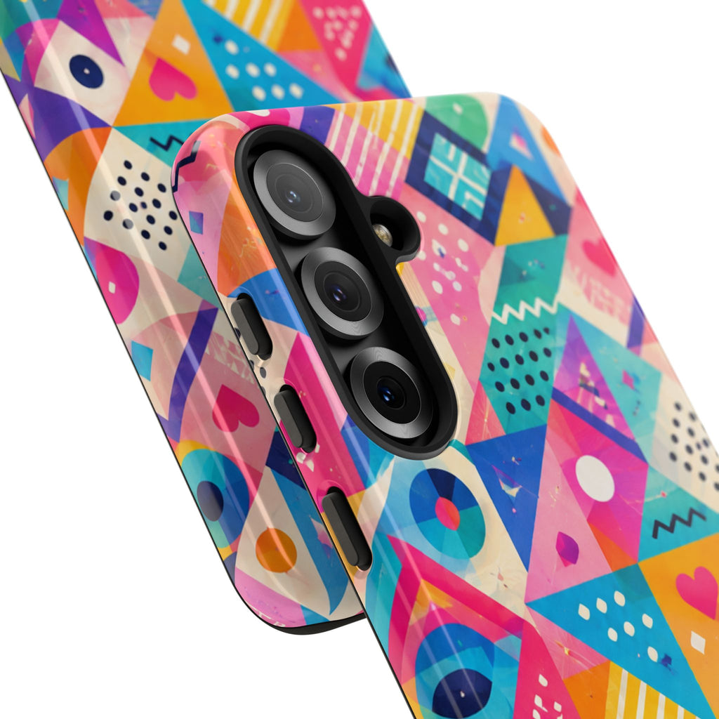 Colorful Geometric Tough Phone Case — Bright Abstract Heart & Triangle Pattern