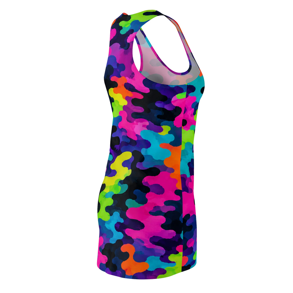 Neon Camo Racerback Dress — Women's Vibrant All-Over Print