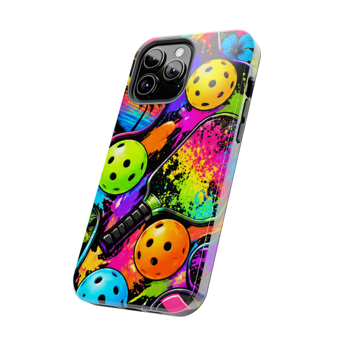 Pickleball Splash Tough Phone Case — Neon Paddle & Ball Protective Cover