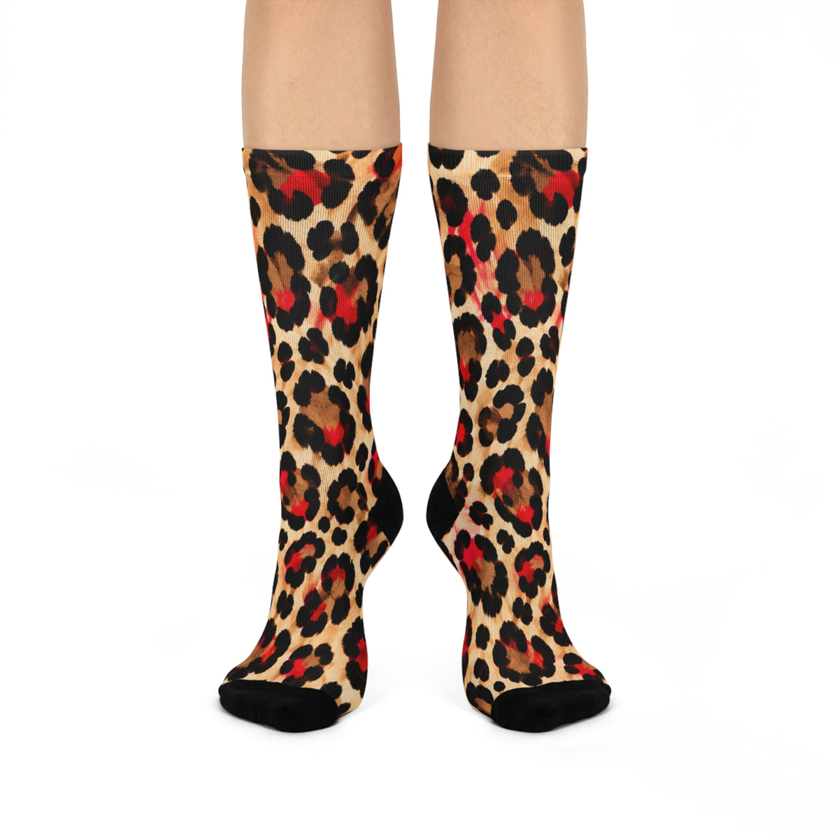 Leopard Print Crew Socks — Cushioned Animal Print Socks with Red Accent