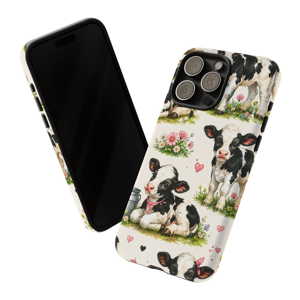 Cute Calf Pattern Phone Case – Pastel Cow Hearts & Flowers Protective Cover