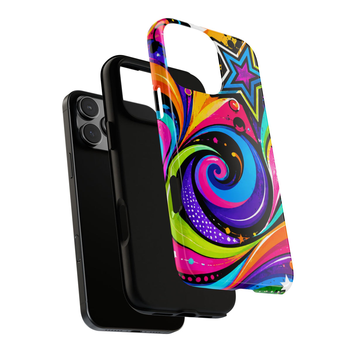 Psychedelic Swirl Phone Case — Bold Retro Stars & Neon Pop Art Tough Case