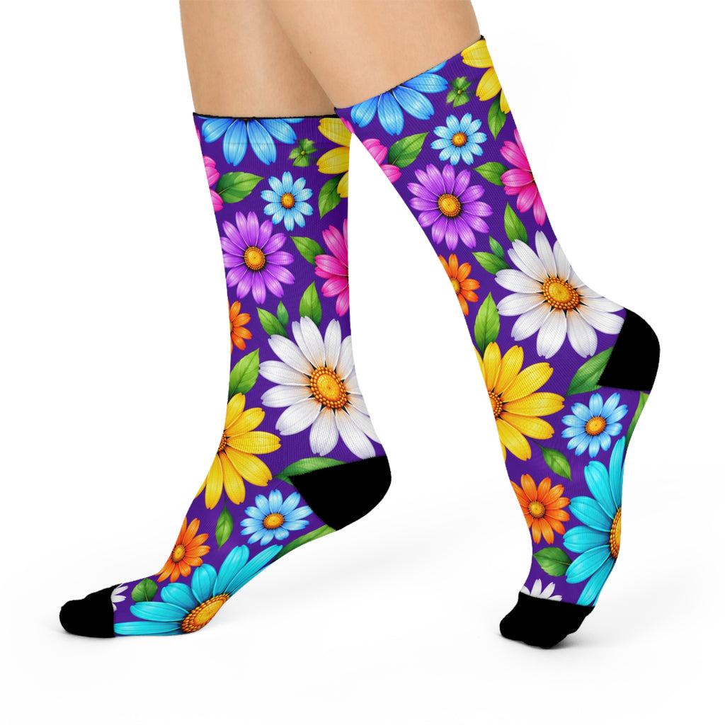 Floral Burst Cushioned Crew Socks — Colorful Daisy Garden Comfort