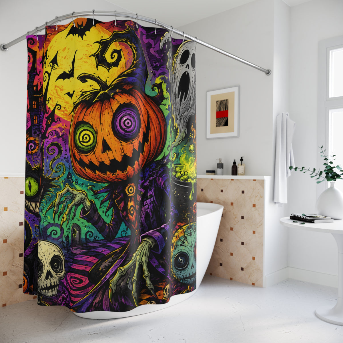 Halloween Pumpkin Scarecrow Shower Curtain - Spooky Neon Haunted Bath Decor