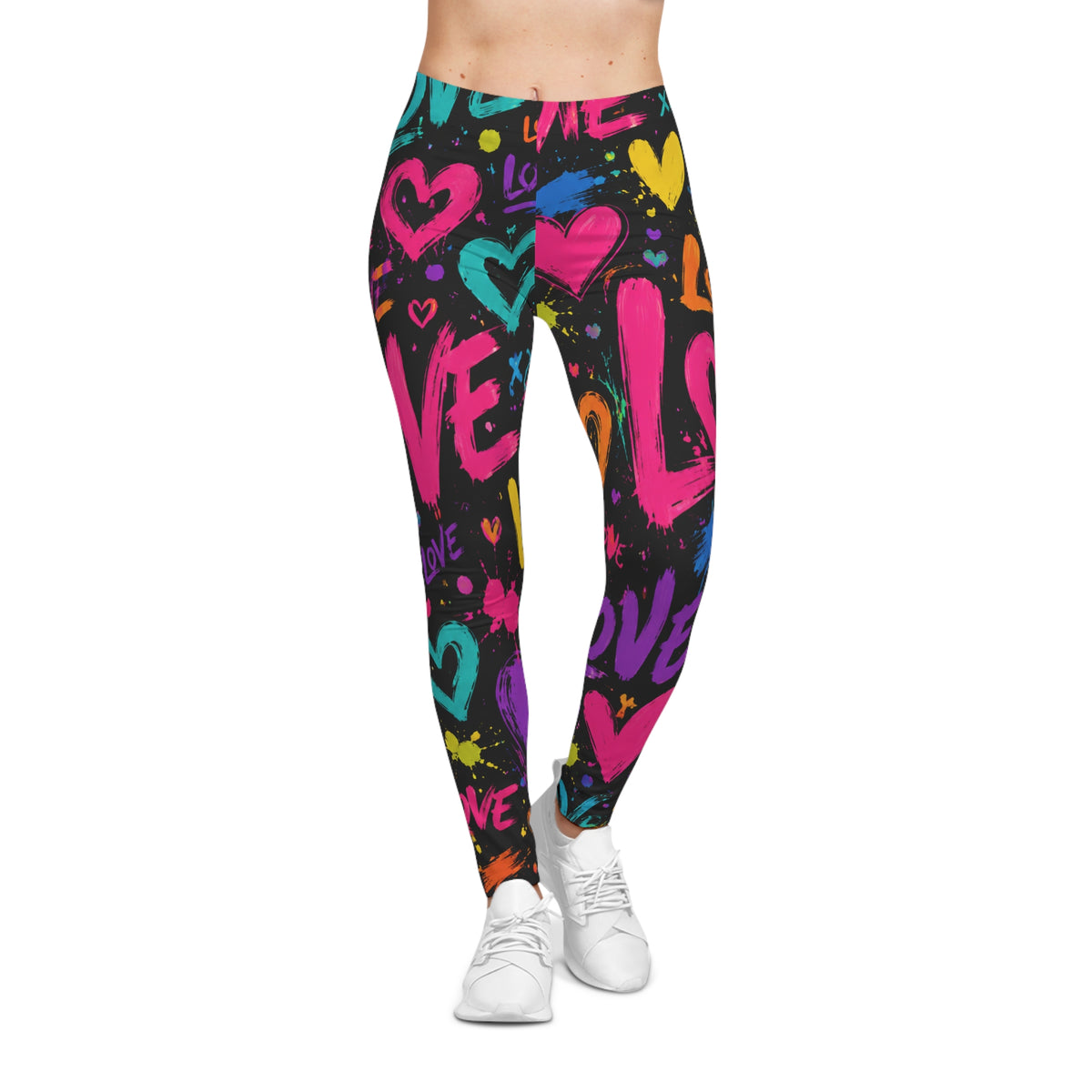 Love Graffiti Leggings — Neon Heart All‑Over Print Women's Leggings