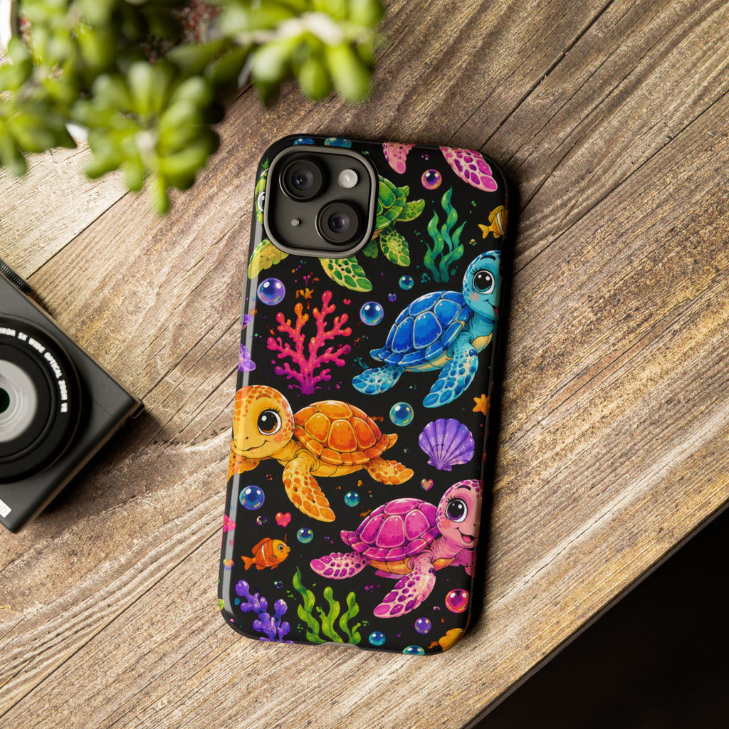Phone Case — Colorful Cute Sea Turtles on Black (Protective Smartphone Cover)
