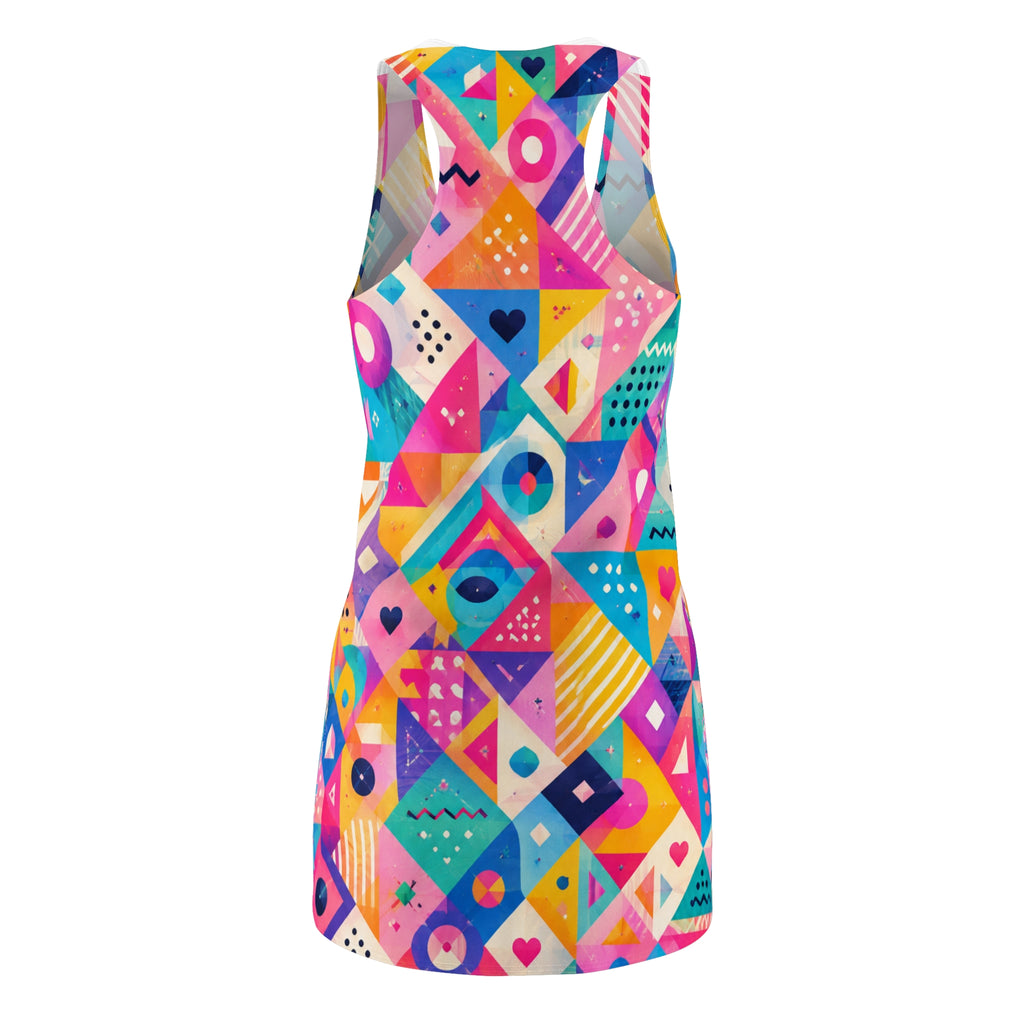 Geometric Neon Mosaic Racerback Dress — Colorful Abstract All-Over Print