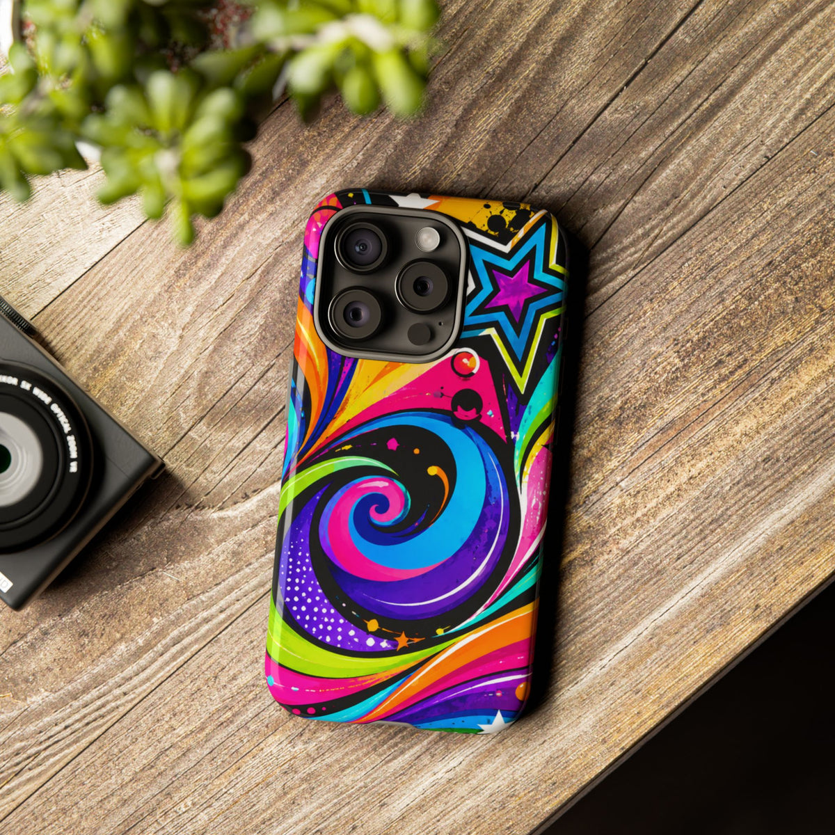 Psychedelic Swirl Phone Case — Bold Retro Stars & Neon Pop Art Tough Case