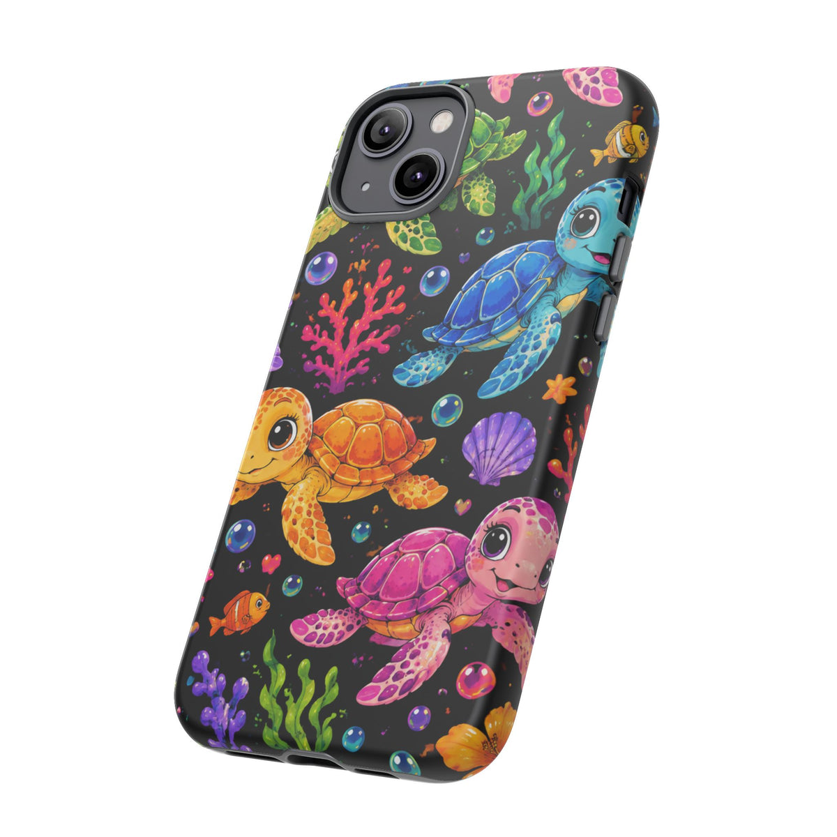 Phone Case — Colorful Cute Sea Turtles on Black (Protective Smartphone Cover)