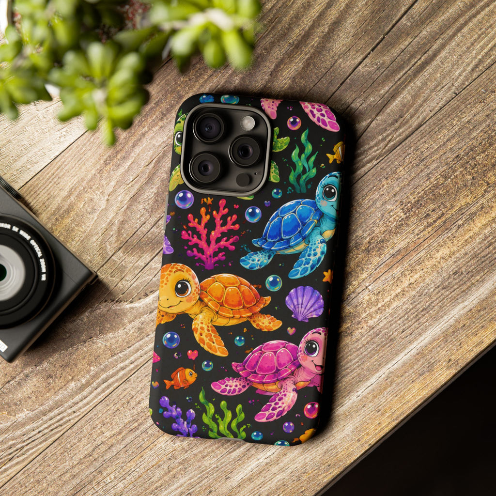 Phone Case — Colorful Cute Sea Turtles on Black (Protective Smartphone Cover)