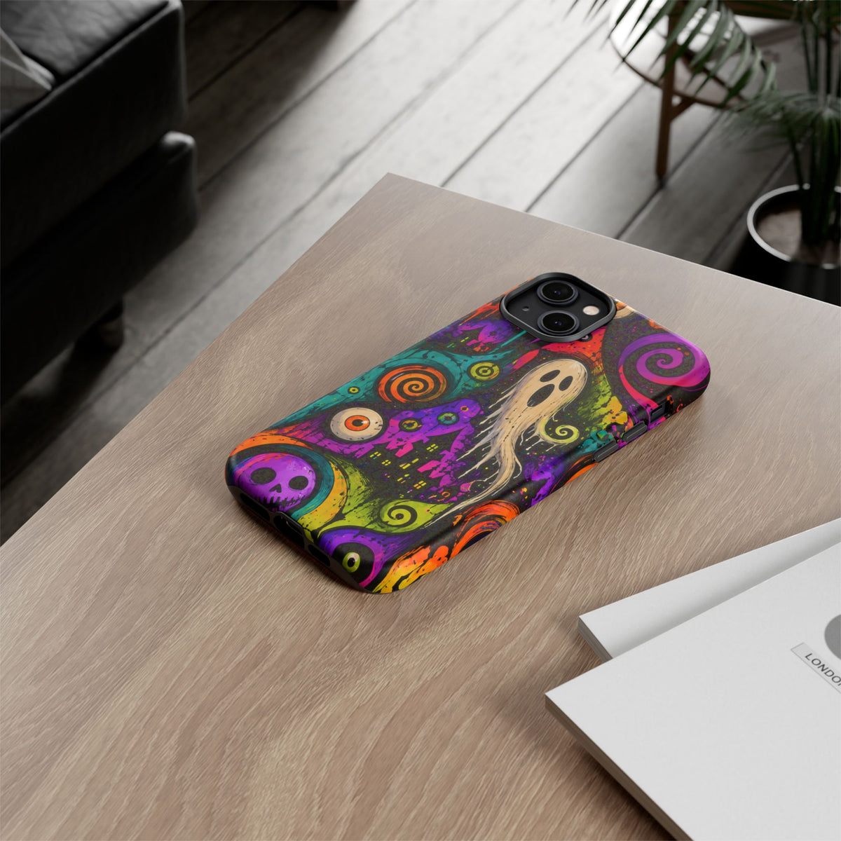Halloween Ghost Phone Case — Colorful Spooky Skull & Haunted House Tough Case