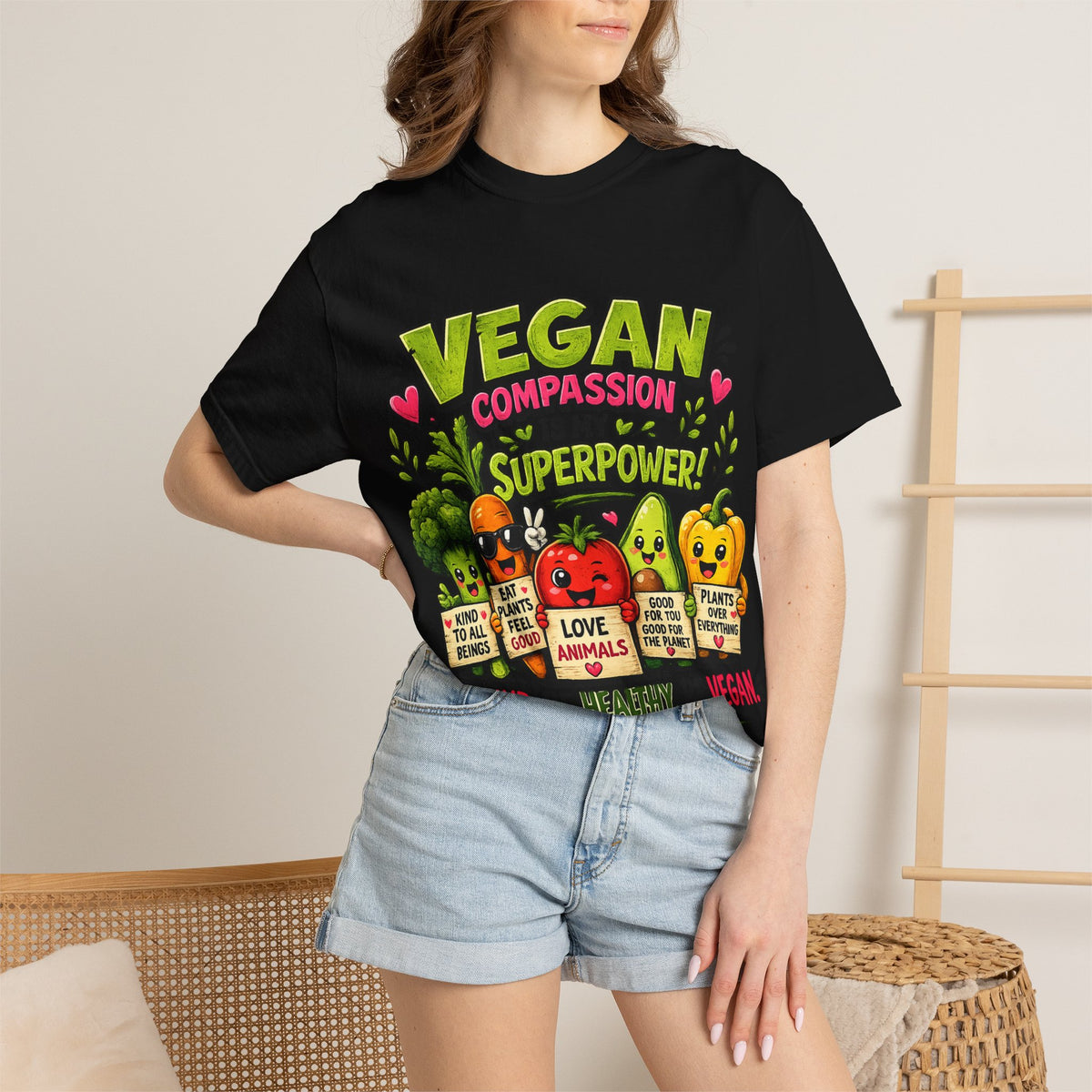 Vegan Compassion Is My Superpower T-shirt | Cute Veggie Characters