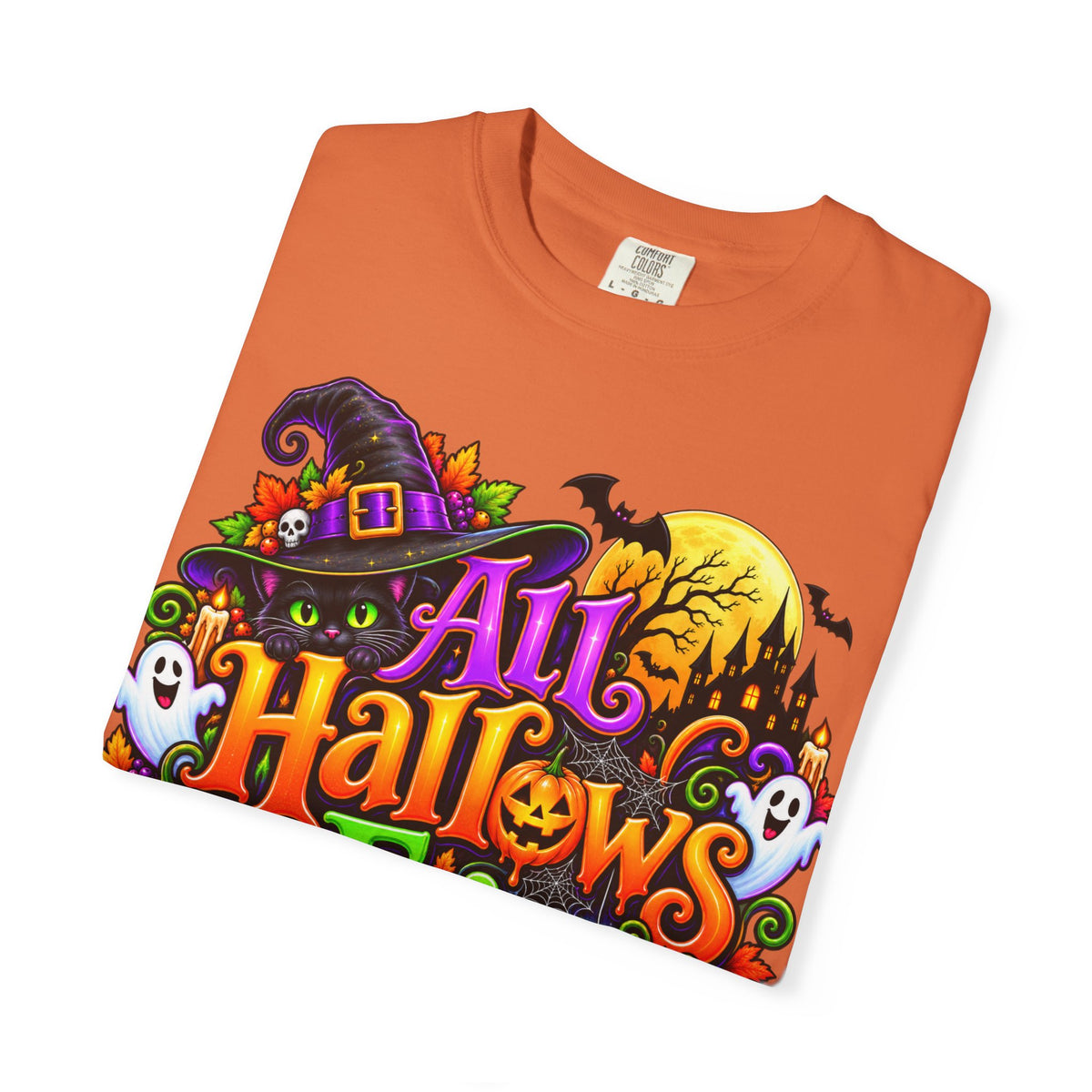 All Hallows Eve Halloween T-Shirt — Colorful Witch, Pumpkins & Ghosts Design