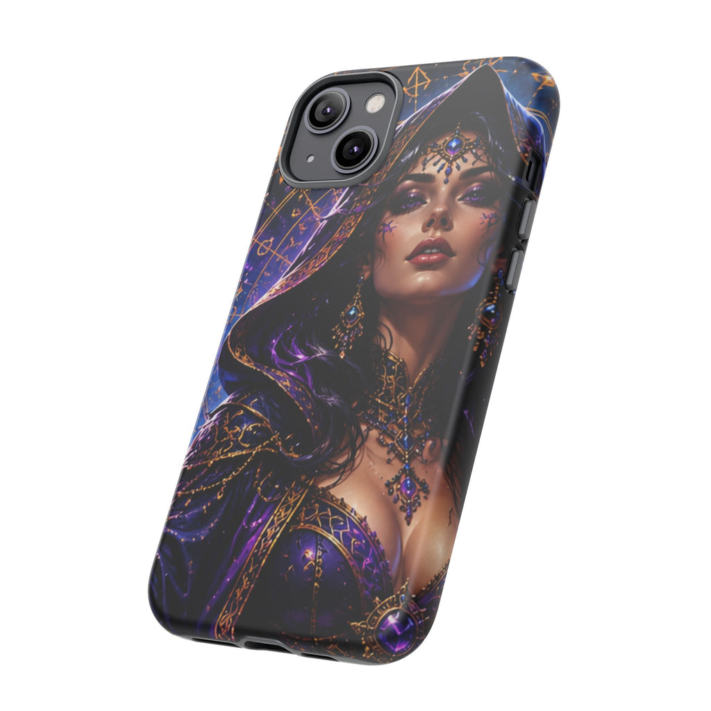 Phone Case — Mystical Sorceress Art Protective Tough Case (Astrology, Purple Hooded Witch)