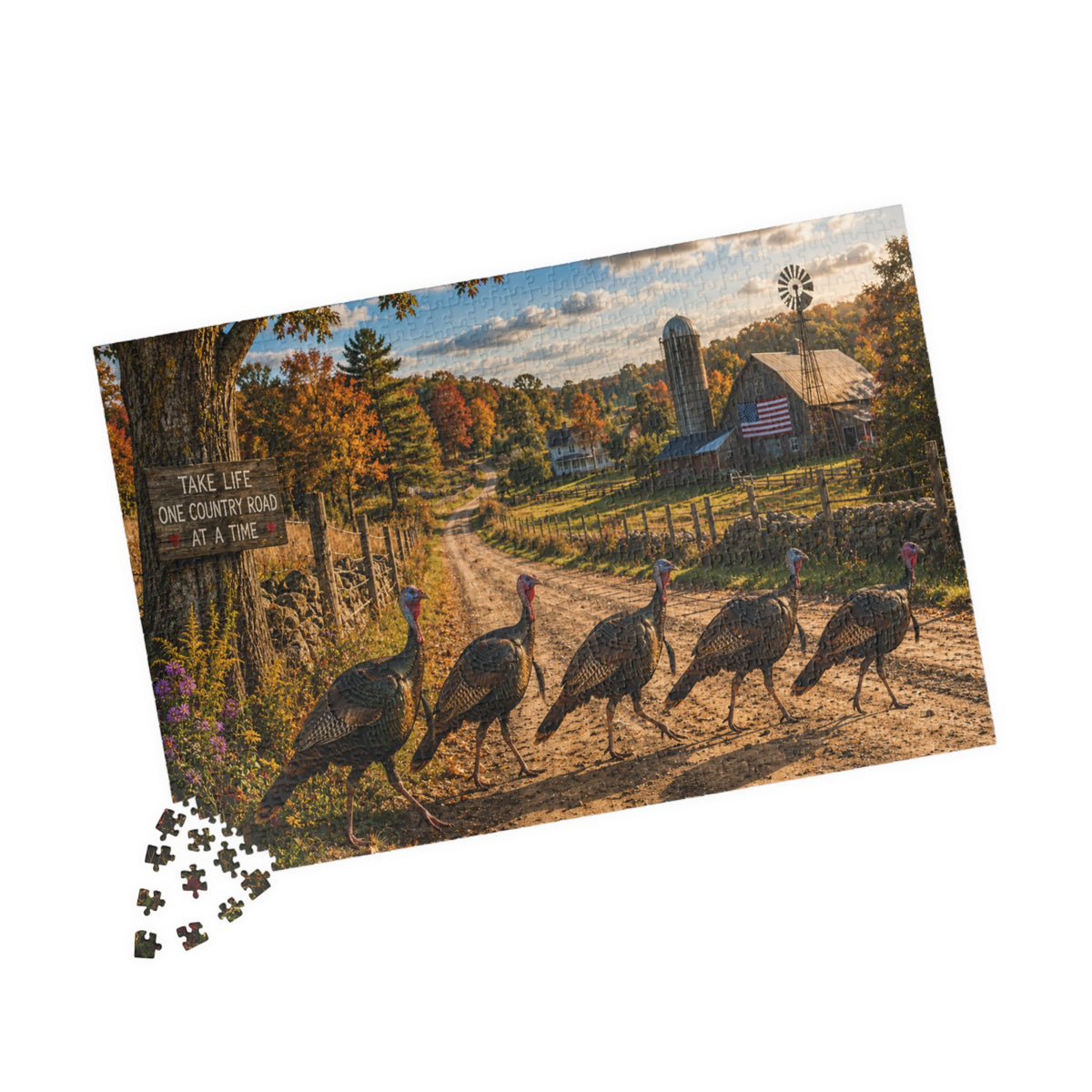 Country Road Turkeys Jigsaw Puzzle — Rustic Farmhouse Scene (110/252/520/1014 pcs)