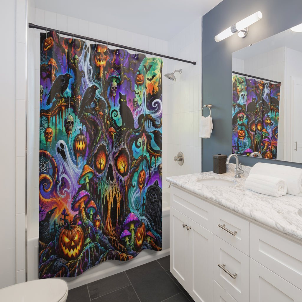 Halloween Haunted Forest Shower Curtain — Spooky Pumpkins, Black Cat & Ghosts
