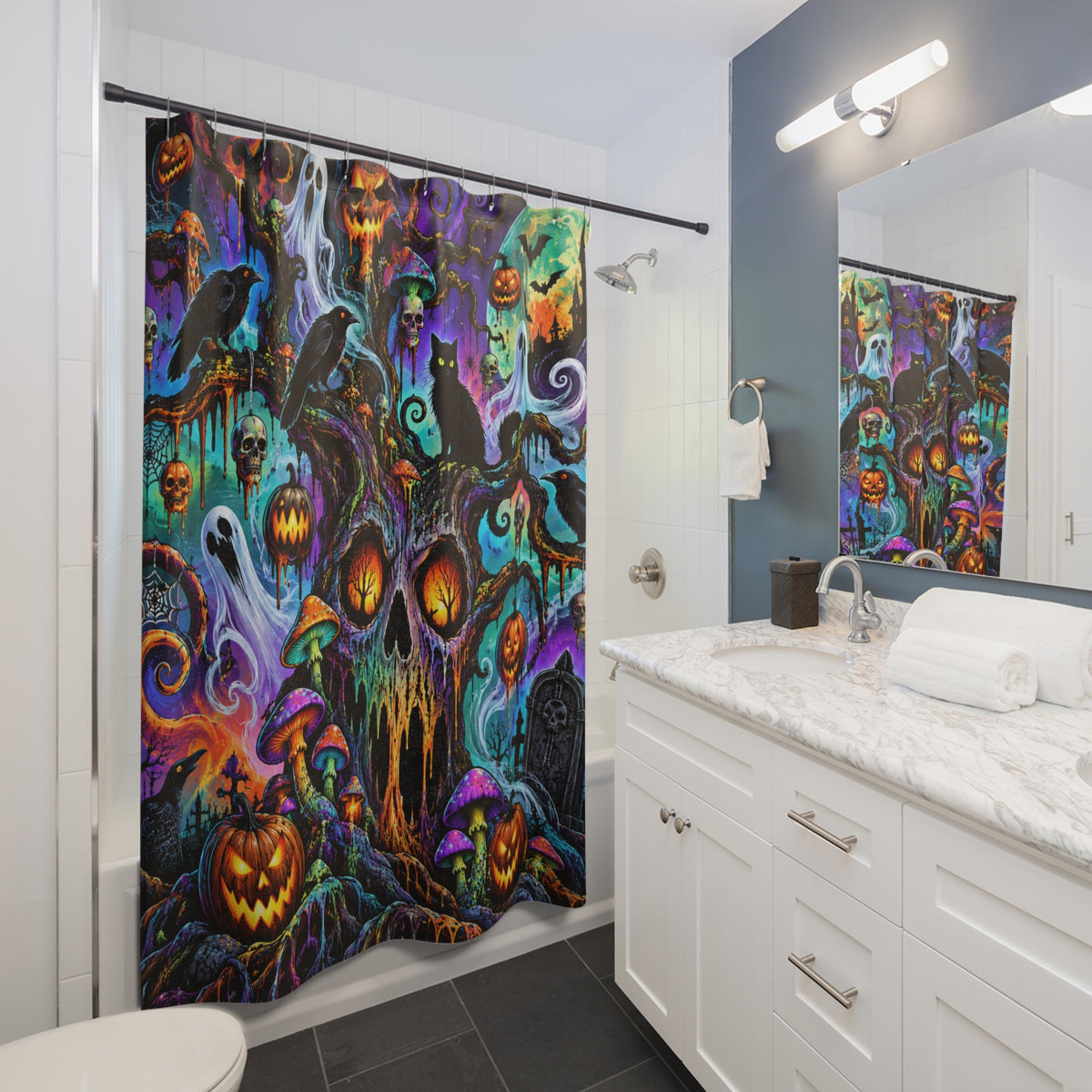 Halloween Haunted Forest Shower Curtain — Spooky Pumpkins, Black Cat & Ghosts